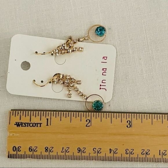 Dangling Gold-Plated Earrings w/Aqua and Clear Rhinestone Accents by Jin na la - Picture 6 of 7